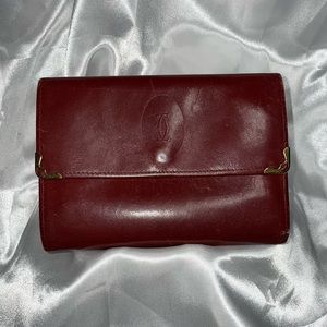 Authentic Cartier Red Bordeaux Trifold Wallet with Gold Accents and Kiss Lock